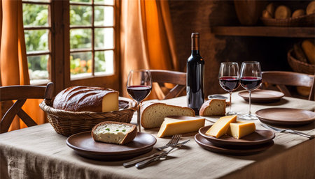 Cheese platter with red wine and bread on wooden table.の素材