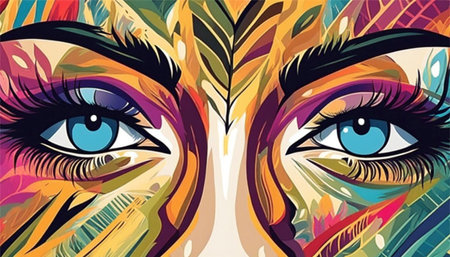 Vector illustration of a beautiful woman's eyes with multicolored feathersの素材