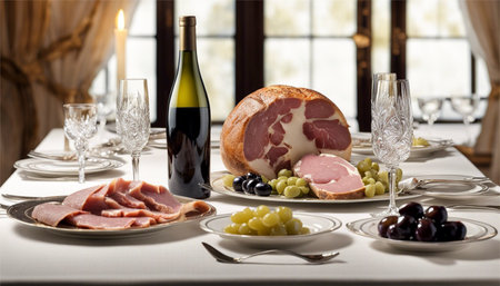 Slices of salami, ham and wine on the tableの素材