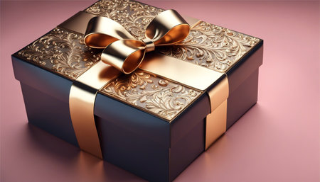 Gift box with gold ribbon on a pink background. 3d renderingの素材