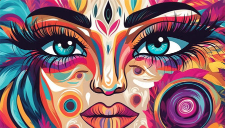 Face of beautiful woman with abstract colorful make up. Vector illustration.の素材