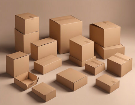 Cardboard boxes on a brown background. 3d rendering image.の素材