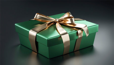 Green gift box with golden bow on black background. 3D renderingの素材