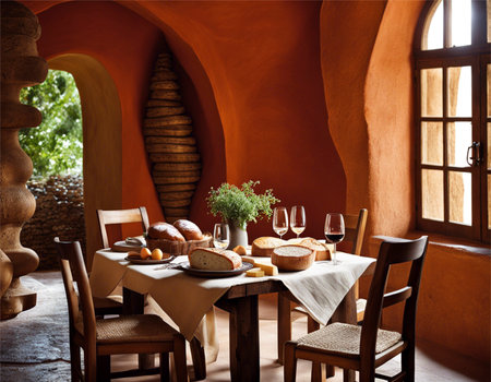 Restaurant interior. Table with bread, wine and croissantsの素材