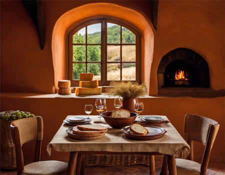 Served table with bread and wine in the interior of the country houseの素材