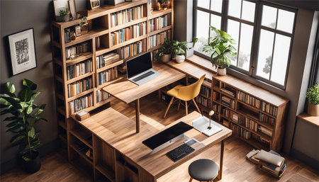 Interior of modern office with wooden walls, wooden floor, computer table and bookcase with folders. 3d renderingの素材