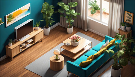 Interior of living room with blue sofa, coffee table and green plants. 3D renderingの素材