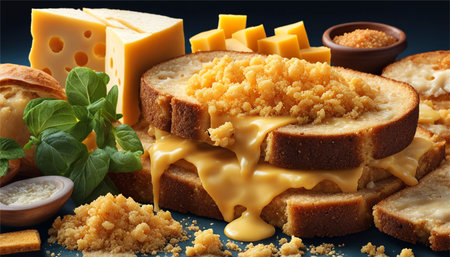 Cheese fondue with bread and cheese on a blue background.の素材
