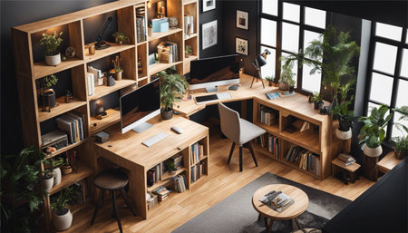 Top view of modern open space office with wooden furniture, computers and plants. Workplace and lifestyle concept. 3D Renderingの素材