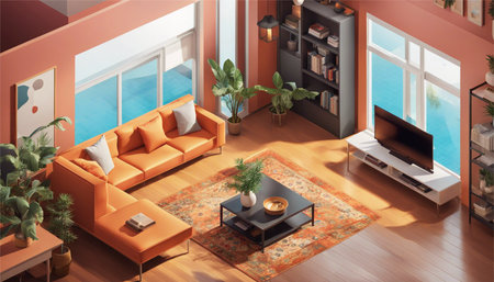 Living room interior design with orange sofa, coffee table and bookcase.の素材