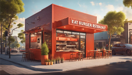 3d rendering of a restaurant in the street of a big cityの素材
