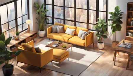 Modern living room interior design with yellow sofa, coffee table and plants. 3D Renderingの素材