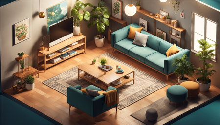 Living room interior design with blue sofa, coffee table, coffee table, coffee table, armchair and plants. 3d renderingの素材