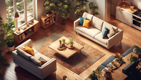 Interior of living room with sofa and coffee table, 3d renderの素材