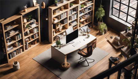 Modern office interior with furniture, computer and bookshelf. 3D Renderingの素材