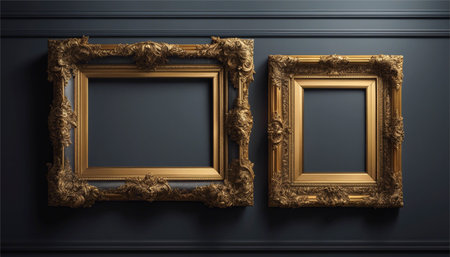 Set of golden frames for paintings, mirrors or photos on wall. Template for interior design.の素材