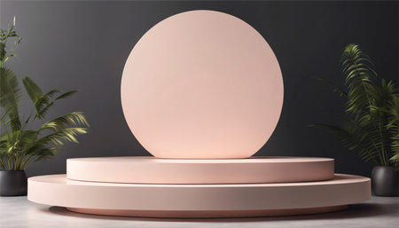 3d render abstract minimal geometric shapes. Glossy pink podium for your design. Fashion show stage.の素材