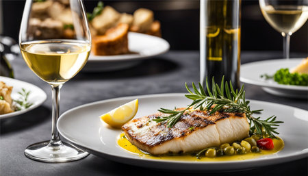 Grilled halibut fish fillet with rosemary, olives and white wineの素材