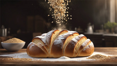 Freshly baked loaf of wheat bread with flour flying in the airの素材