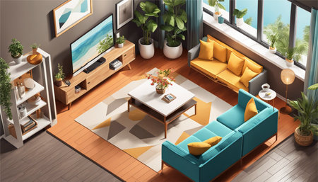 Interior of modern living room with blue sofa, coffee table, coffee table, bookshelf and plants. 3D renderingの素材