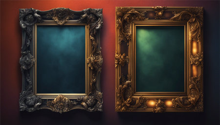 Classic frames for paintings, mirrors or photos on a red wall.の素材