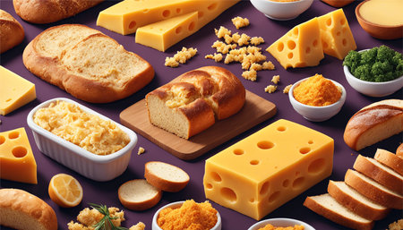 Different types of cheese and bread on purple background, top view.の素材