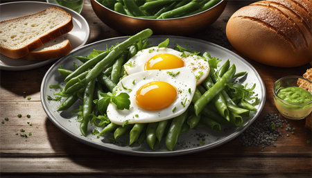Green beans with fried egg on a wooden table. Healthy breakfast.の素材