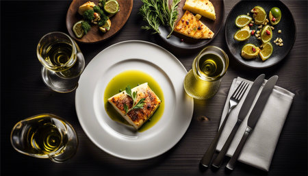 Grilled fish fillet with olive oil and spices on a black background.の素材