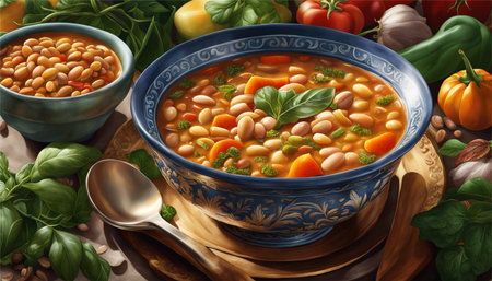 Baked beans with vegetables in a bowl on a wooden background.の素材