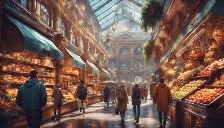 People walking in the famous Borough Market in London.の素材