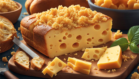 Pieces of cheese on a cutting board with bread crumbs.の素材