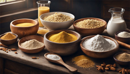 Milk, cereals and grains in bowls on wooden background.の素材