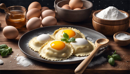 Homemade ravioli with egg yolks on a wooden backgroundの素材