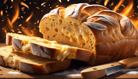 loaf of bread with butter and a knife on a fire backgroundの素材