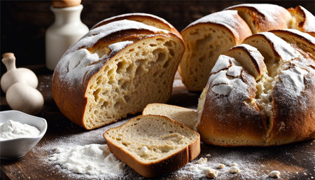 Slices of bread sprinkled with powdered sugar on a wooden tableの素材