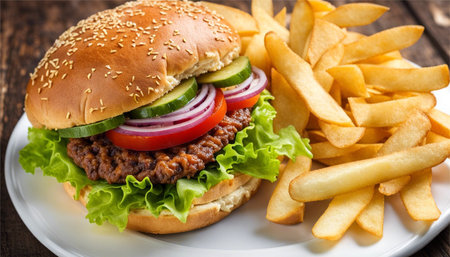 Cheese burger - American cheese burger with fresh salad and french friesの素材
