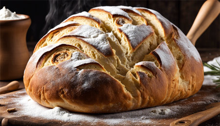 Freshly baked loaf of bread with raisins and powdered sugarの素材
