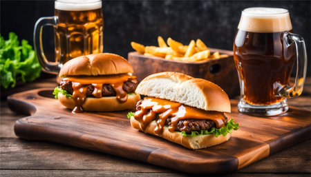 Tasty hamburger with french fries and beer on wooden cutting boardの素材