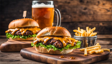 Two cheeseburgers with french fries and beer on wooden backgroundの素材