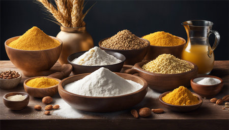 Composition with different types of flour on wooden table. Food backgroundの素材