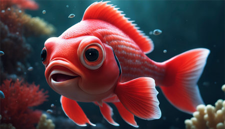 Red fish in the aquarium. Underwater world. 3d renderingの素材