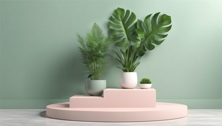 Podium in green room with monstera plant. 3d renderingの素材