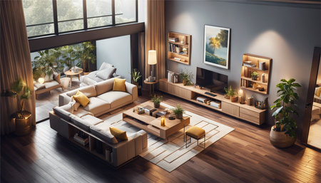 Interior of modern living room with furniture, sofa, coffee table and bookshelf. 3d renderingの素材