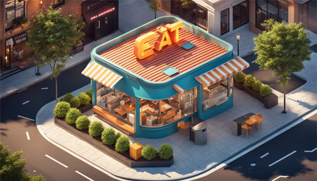 3d illustration of a cafe in the city, top view.の素材