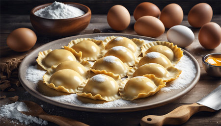 Eggs, flour and dumplings on a wooden tableの素材