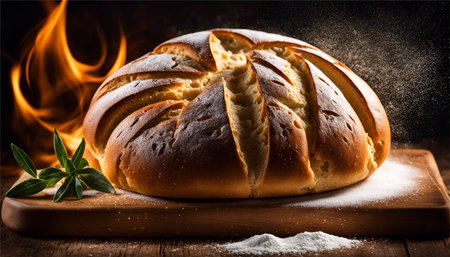Freshly baked bread with butter on a wooden board with a fire on the backgroundの素材