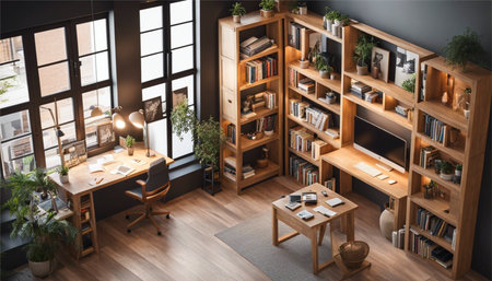 Interior of modern office with wooden walls, wooden floor and rows of bookcases. 3d renderingの素材