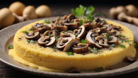 Mashed potatoes with mushrooms and parsley on a plate, closeupの素材