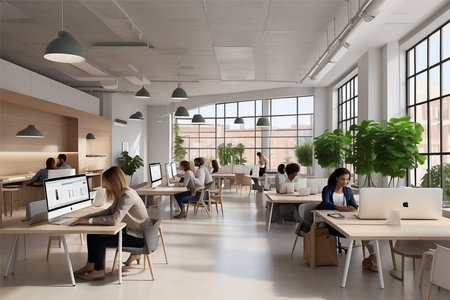 Group of business people working together in modern office. 3d renderingの素材