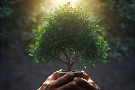Human hands holding a small tree in a pot on nature background.の素材